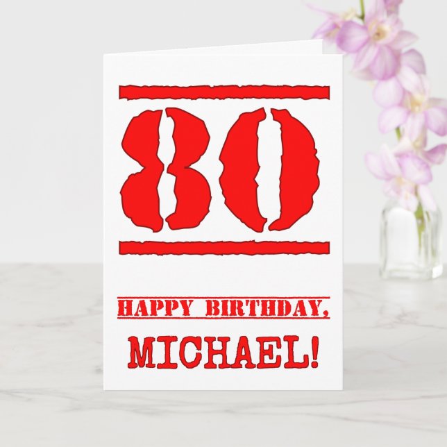 80th Birthday: Fun, Red Rubber Stamp Inspired Look Card (Orchid)