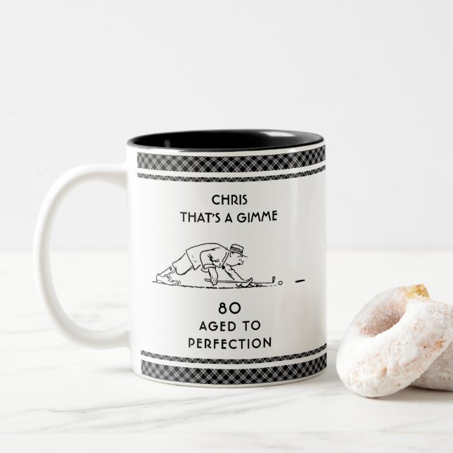 80th Birthday Funny Golfer Personalized Name Plaid Two-Tone Coffee Mug (With Donut)
