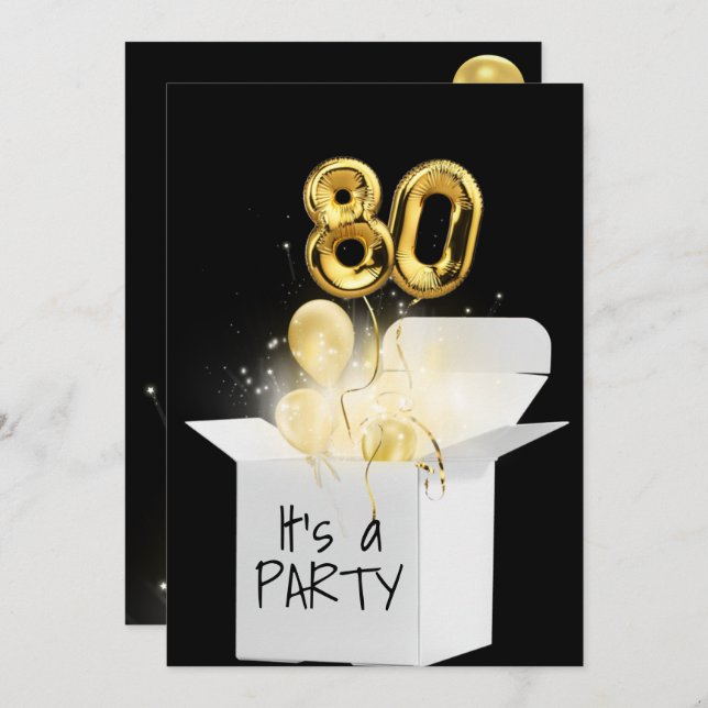 80th Birthday Gold Balloons In White Box  Invitation (Front/Back)