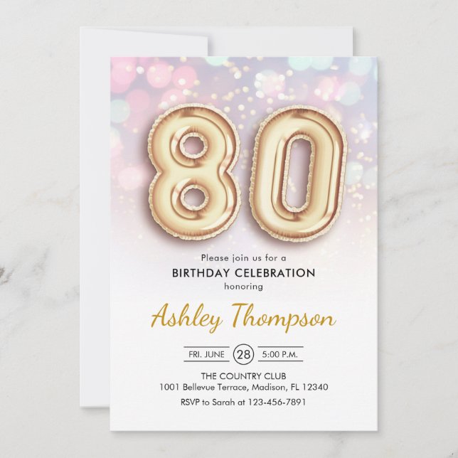 80th Birthday - Gold Balloons Pink Lights Invitation (Front)