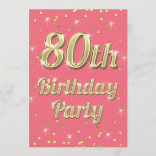 80th Birthday Gold Bling Typography Confetti Pink Invitation