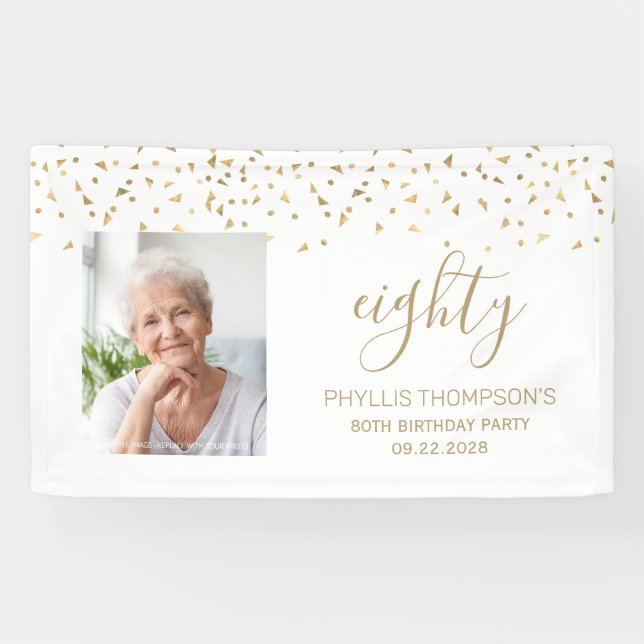 80th Birthday Gold Confetti Triangles Photo White Banner (Horizontal)