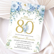 80th Birthday Gold Dusty Blue Floral Surprise