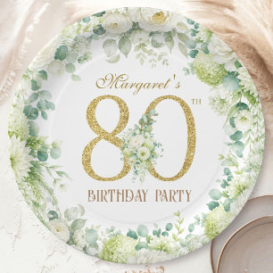 80th Birthday Gold Floral Eucalyptus Elegant Paper Plate
