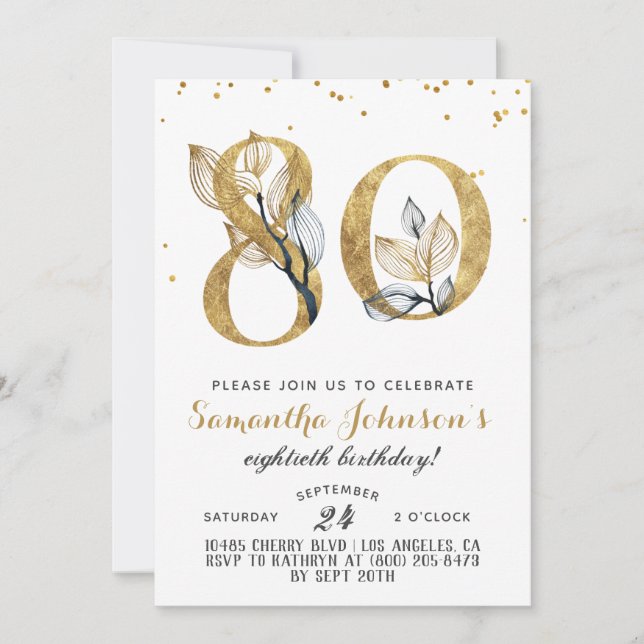 80th Birthday Gold Floral Invitation (Front)