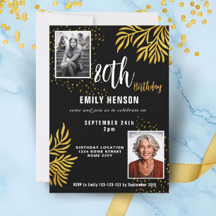 80th Birthday Gold Foliage 2 Photo Party Invitation