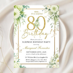 80th Birthday Gold Frame Eucalyptus Ivory Floral Invitation