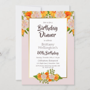 80th Birthday Gold Frame Pink Floral Party Invitation