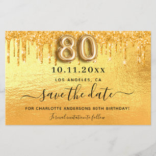 80th birthday gold glitter save the date card