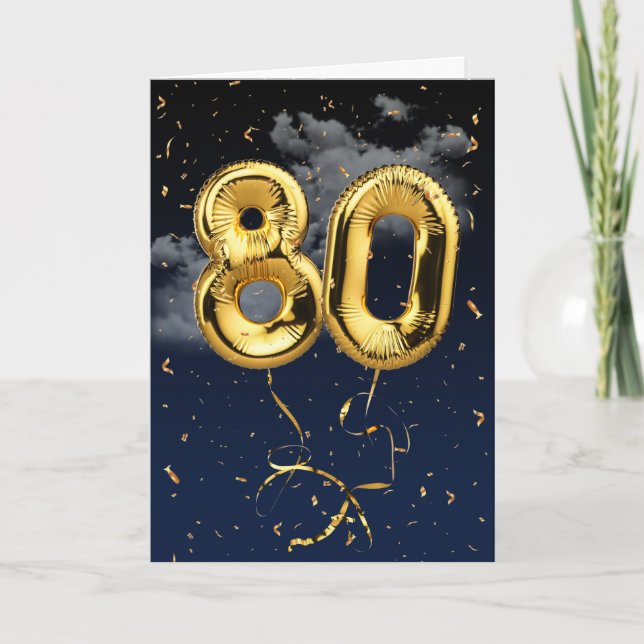 80th Birthday Gold Mylar Balloon and Confetti Card (Front)