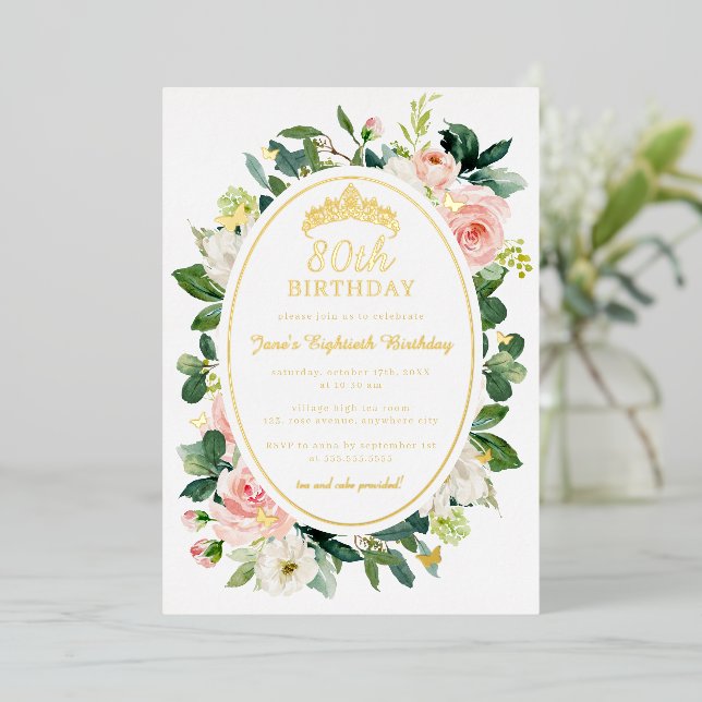 80th Birthday Gold Pink Butterfly Floral  (Standing Front)