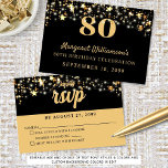 80th Birthday Gold Stars Custom Colour RSVP Card<br><div class="desc">Festive birthday celebration RSVP cards for any age featuring gold stars and string lights in your choice of colours (shown with gold text and black and gold background colours on the front and back for and 80th birthday). Make changes in EDIT. ASSISTANCE: For help with design modification or personalization, colour...</div>