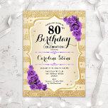 80th Birthday - Gold Stripes Purple Roses Invitation<br><div class="desc">80th Birthday Invitation. Elegant design in gold and purple. Features faux glitter gold stripes,  purple roses stylish script font and confetti. Perfect for a glam birthday party.</div>