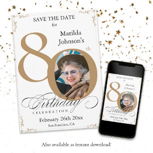 80th Birthday Gold White Save The Date Custom Invitation