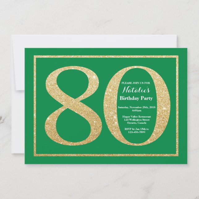 80th Birthday Green and Gold Glitter Invitation (Front)