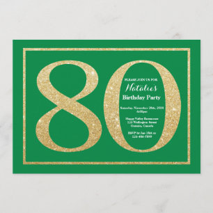 80th Birthday Green and Gold Glitter Invitation
