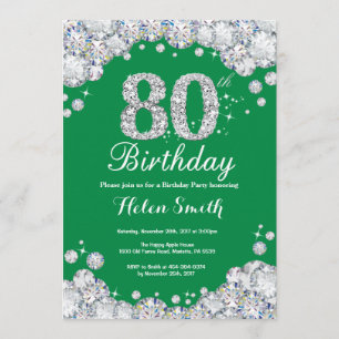 80th Birthday Green and Silver Diamond Invitation