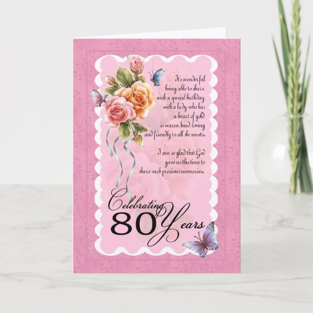 80th birthday greeting card - roses and butterfly (Front)