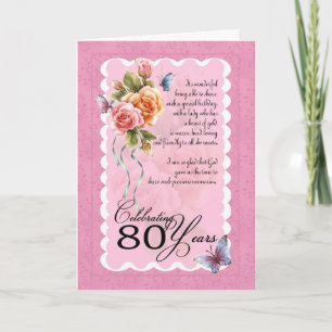 80th birthday greeting card - roses and butterfly