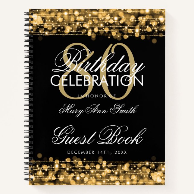 80th Birthday Guestbook Party Sparkles Gold Notebook (Front)