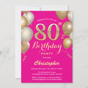 80th Birthday Hot Pink and Gold Balloons Confetti Invitation