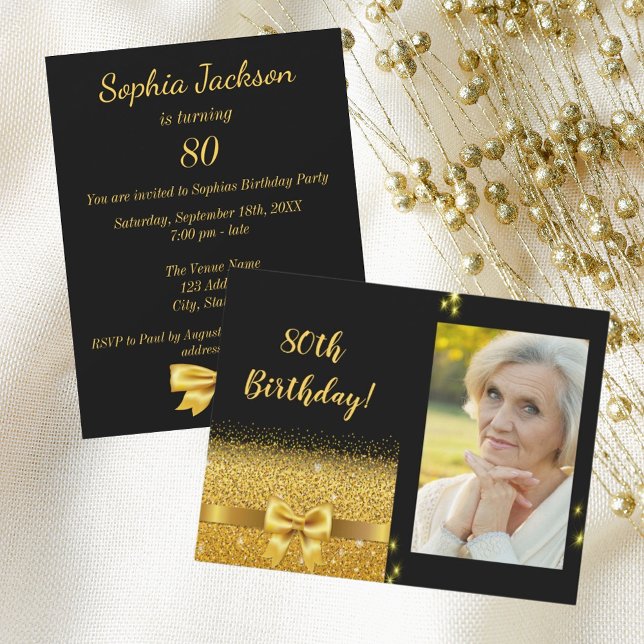 80th birthday iblack gold bow photo  invitation (Creator Uploaded)