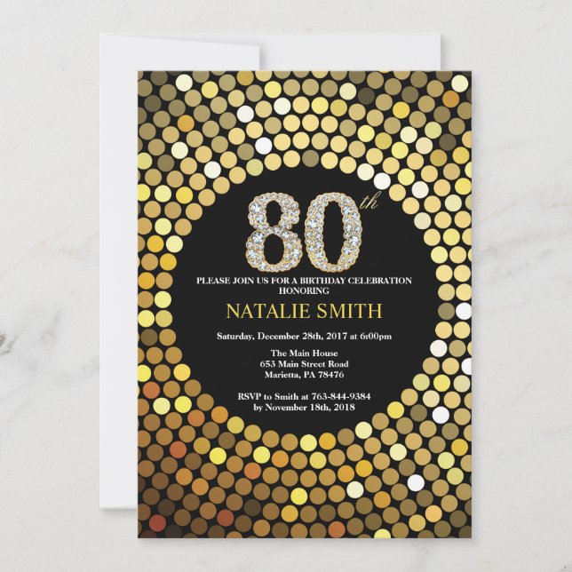 80th Birthday Invitation Black and Gold Glitter (Front)