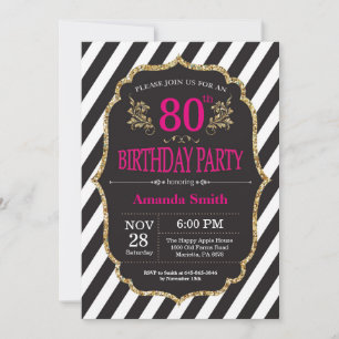 80th Birthday Invitation. Black and Gold Glitter Invitation