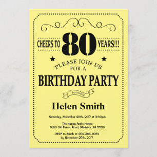 80th Birthday Invitation Black and Yellow