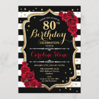 80th Birthday Invitation Black White Stripes Roses