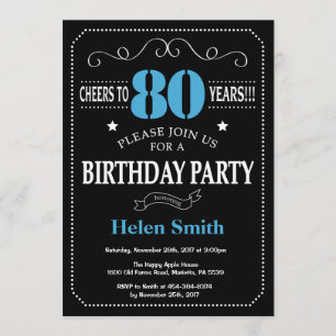 80th Birthday Invitation Blue and Black Chalkboard