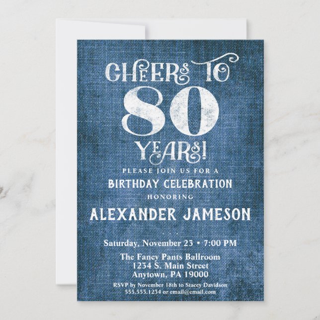 80th Birthday Invitation Blue Linen Rustic Cheers (Front)
