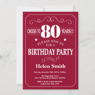 80th Birthday Invitation Burgundy Red and White