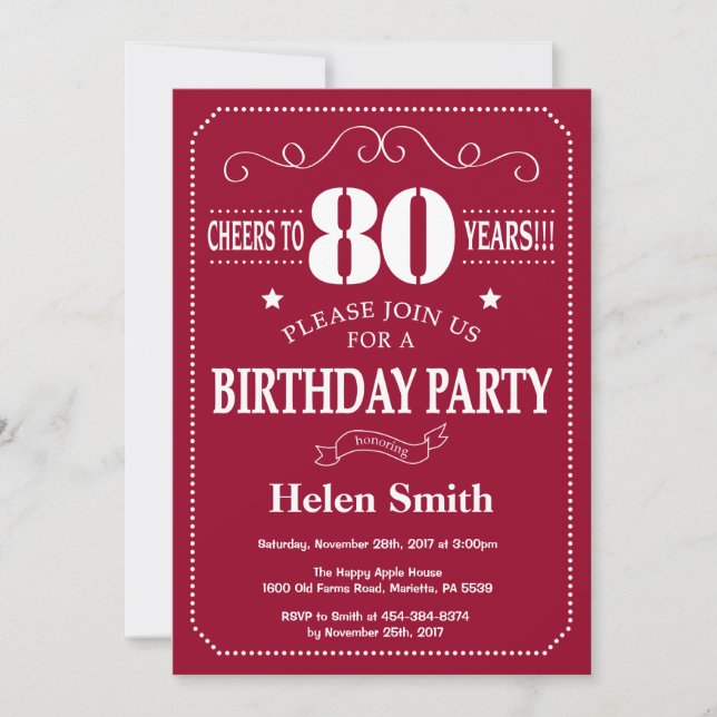 80th Birthday Invitation Burgundy Red and White (Front)
