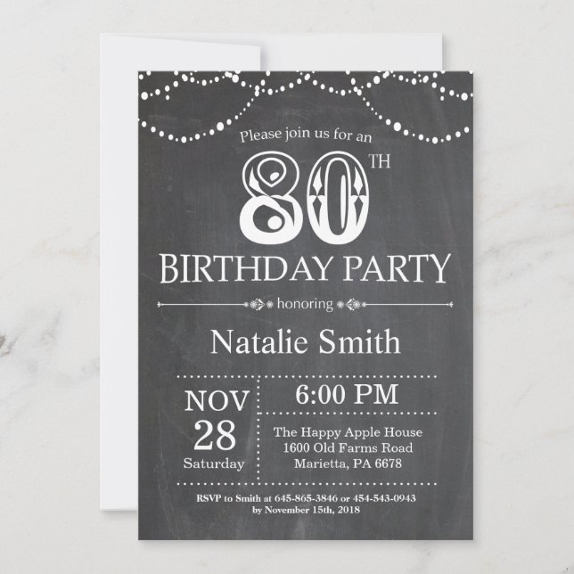 80th Birthday Invitation Chalkboard String Lights (Front)