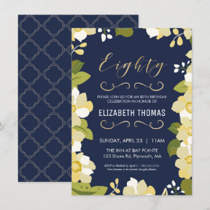 80th Birthday Invitation, Customize Floral w/ Gold Invitation