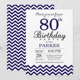 80th Birthday Invitation Navy Blue Chevron