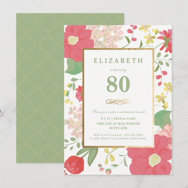 80th Birthday Invitation - Pretty Floral Eightieth (Front/Back)