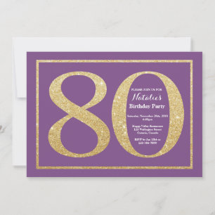 80th Birthday Invitation Purple and Gold Glitter