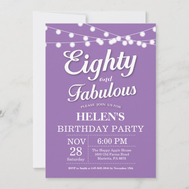 80th Birthday Invitation Purple Fabulous (Front)
