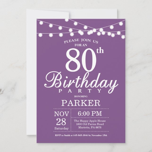 80th Birthday Invitation Purple Lavender (Front)