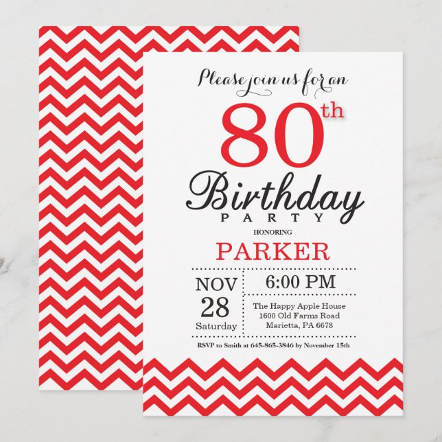 80th Birthday Invitation Red Chevron (Front/Back)