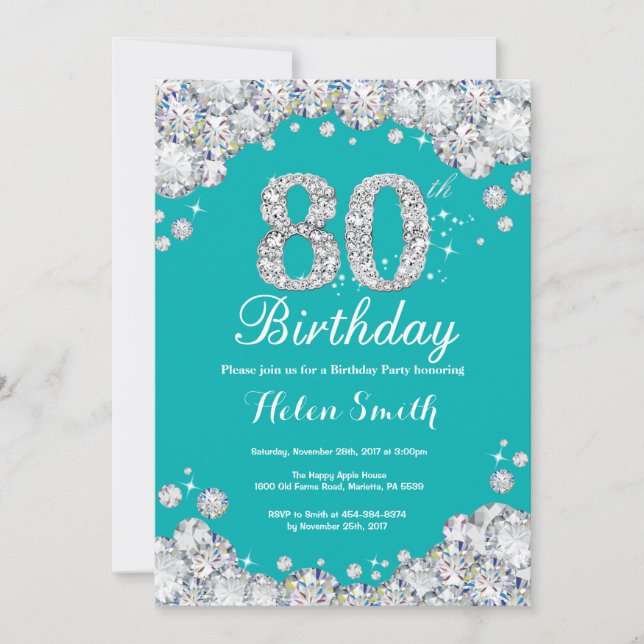 80th Birthday Invitation Teal and Silver Diamond (Front)