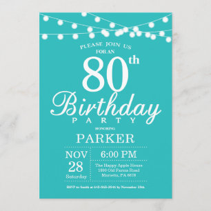80th Birthday Invitation Teal Aqua Turquoise