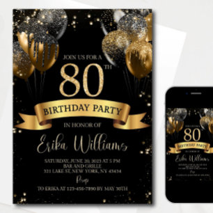 80th Birthday Invitation Template: Black Gold Ball