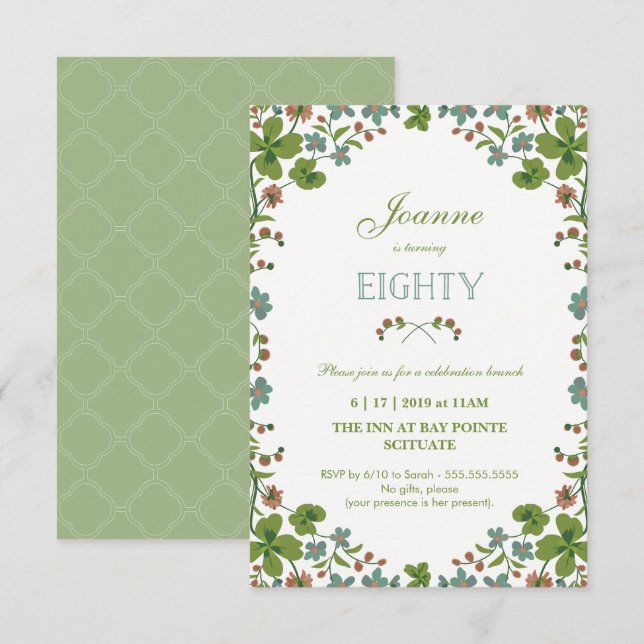 80th Birthday Invitation, Vintage Floral (Small) Invitation (Front/Back)