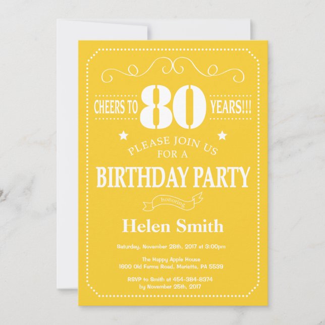 80th Birthday Invitation Yellow and White (Front)