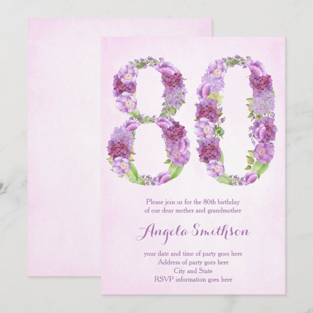80th birthday invitations for lady, eightieth (Front/Back)