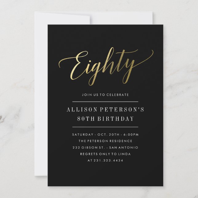 80th Birthday Invitations -  Formal Faux Gold (Front)