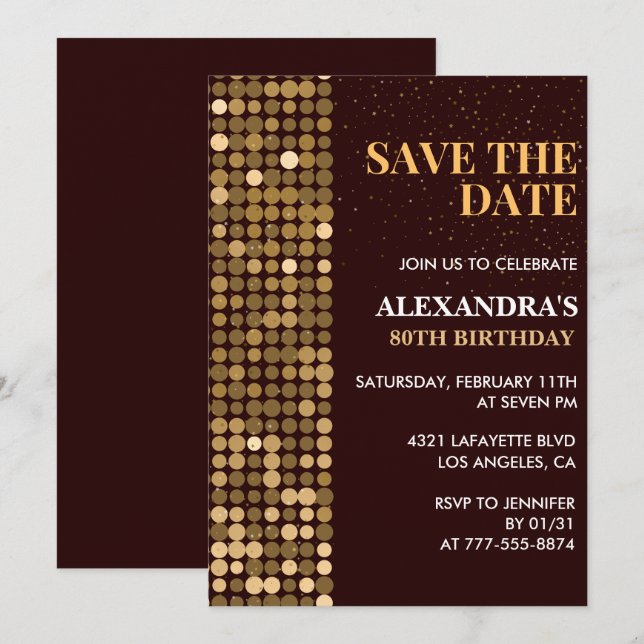 80th birthday invitations Save the date Gold (Front/Back)